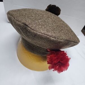 Elegant Brown Beret with Red Pom-Pom